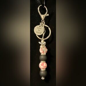 “GOD IS GOOD” PURSE KEYCHAIN INCLUDES CROSS, ANGEL & MESSAGE CHARMS HANDMADE